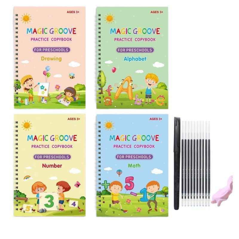 Magic Practice Copybook Set - Reusable Grooved Handwriting Workbooks For Kids With Disappearing Ink