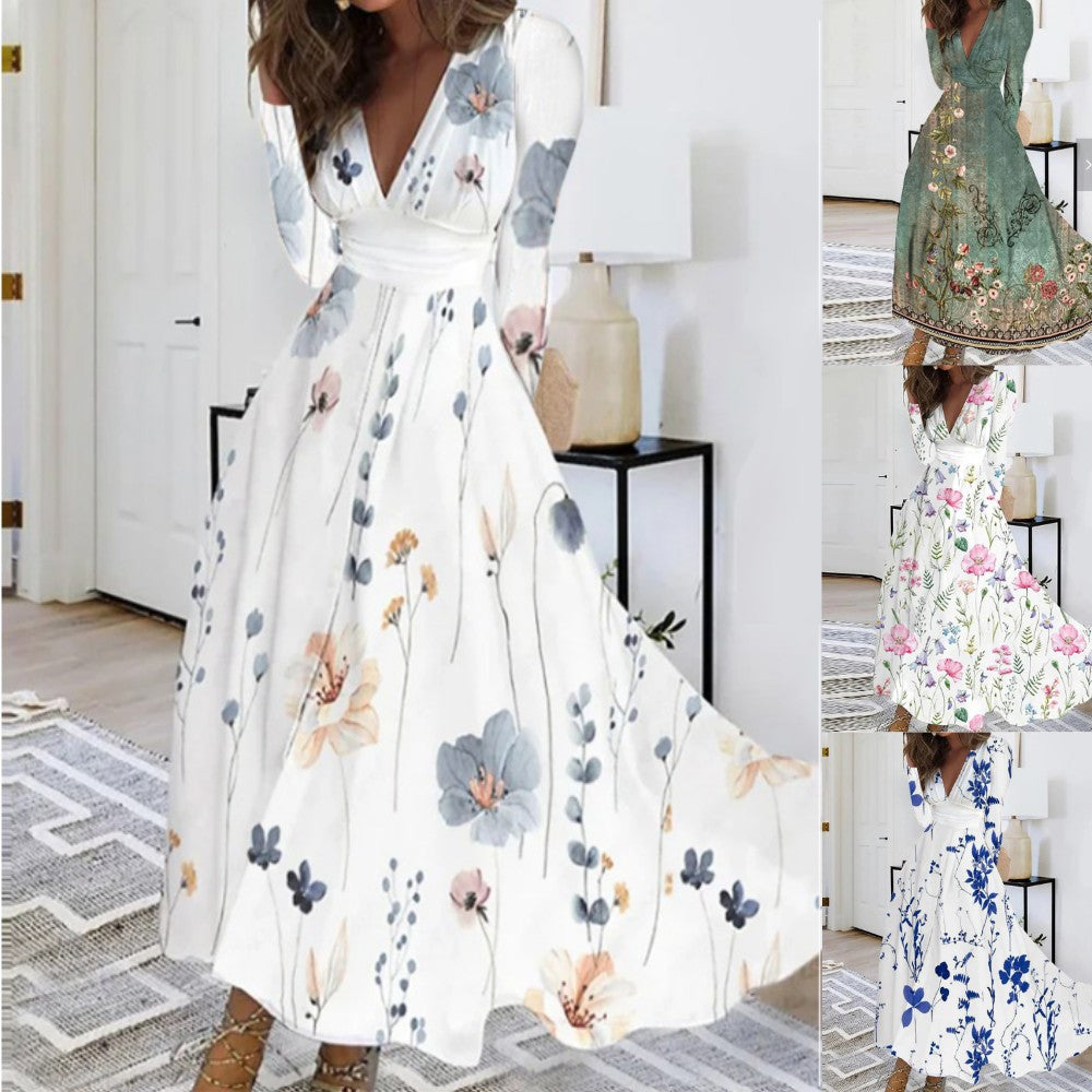 Fall V-neck Long Sleeve Printed Women Dress Women - Shop NCLC