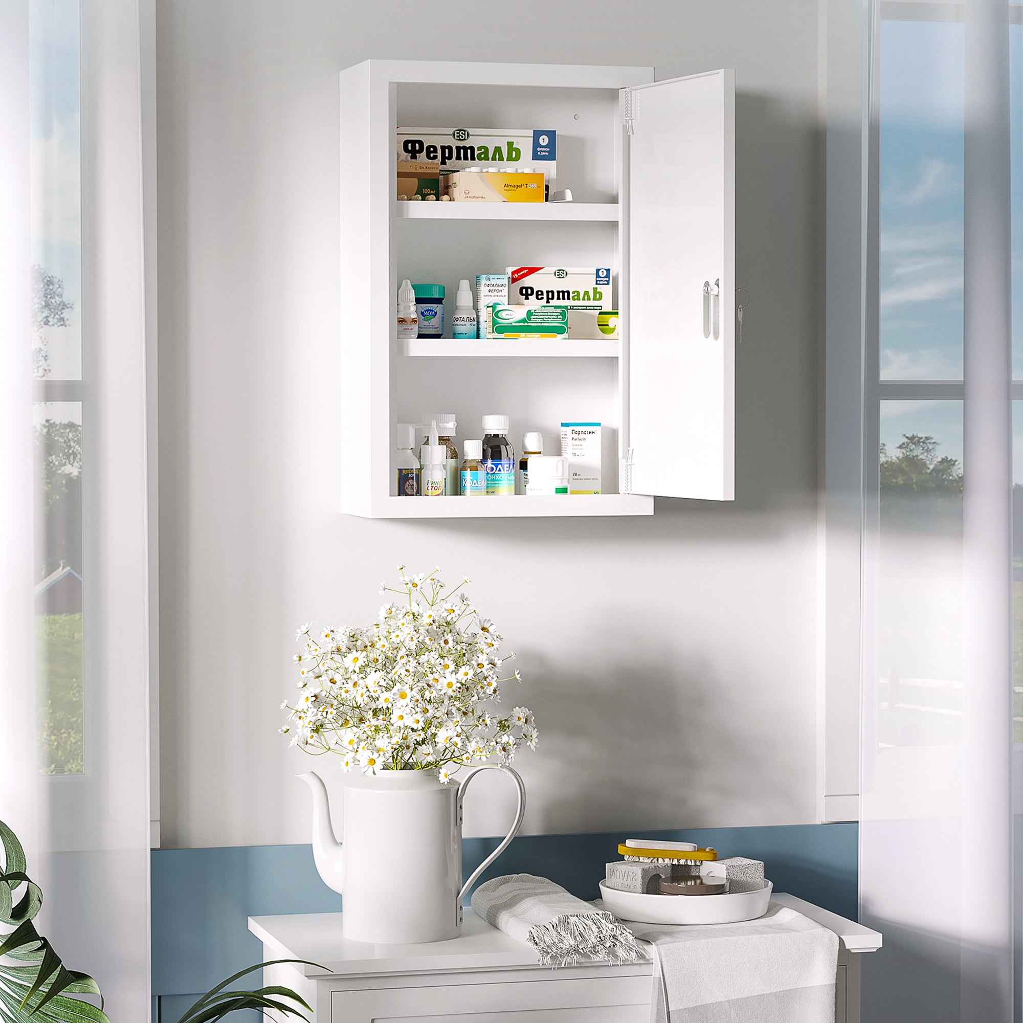 Lockable Medicine Cabinet 12" x 18" – 3-Tier Steel Medical Wall Box with 2 Keys & Shelves, White