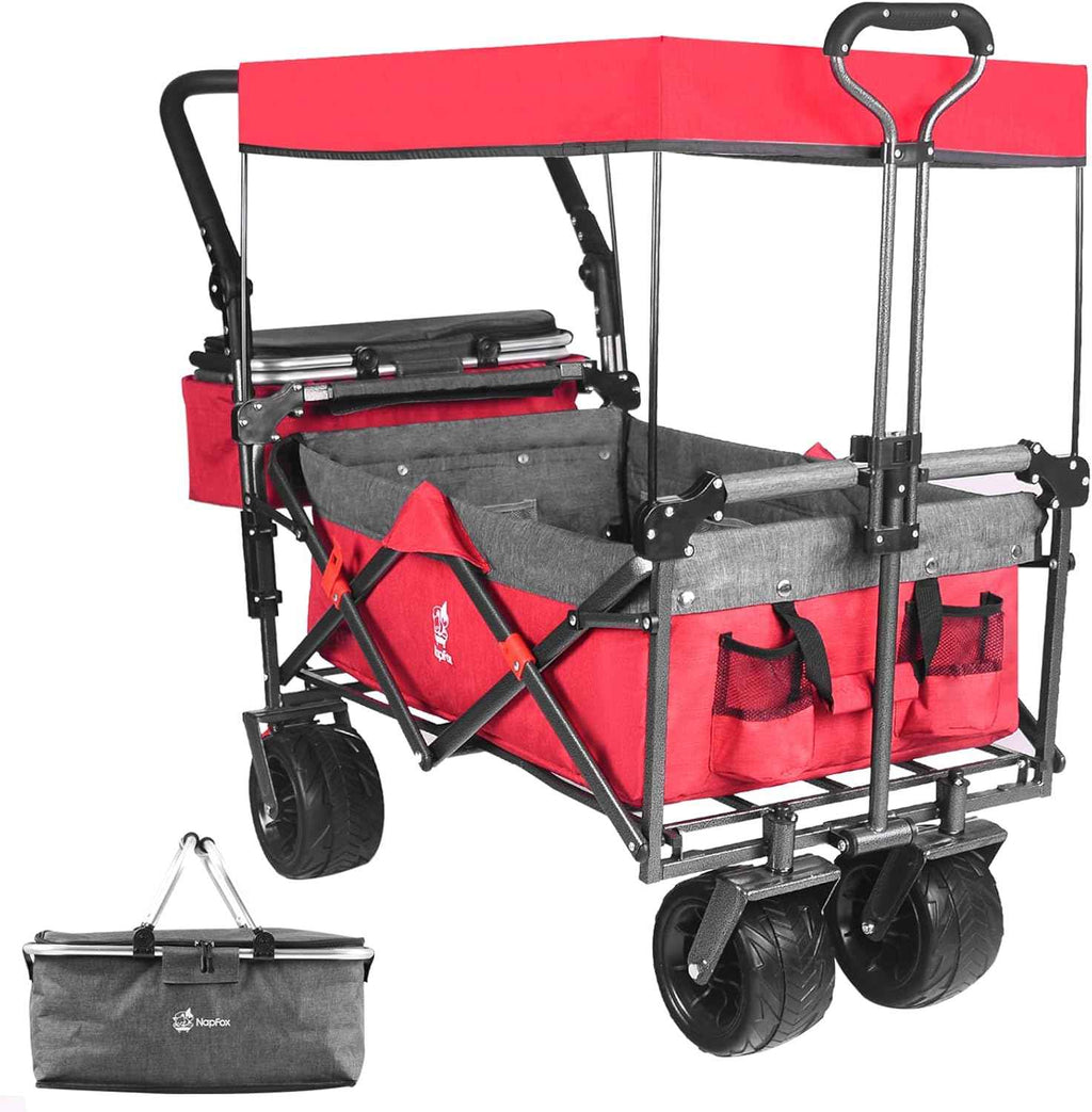 140L Collapsible Folding Wagon Cart with Removable Canopy, All-Terrain Wheels & Cooler Bag