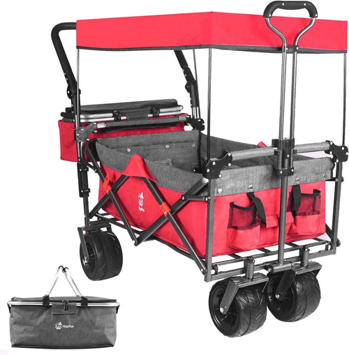 140L Collapsible Folding Wagon Cart with Removable Canopy, All-Terrain Wheels & Cooler Bag