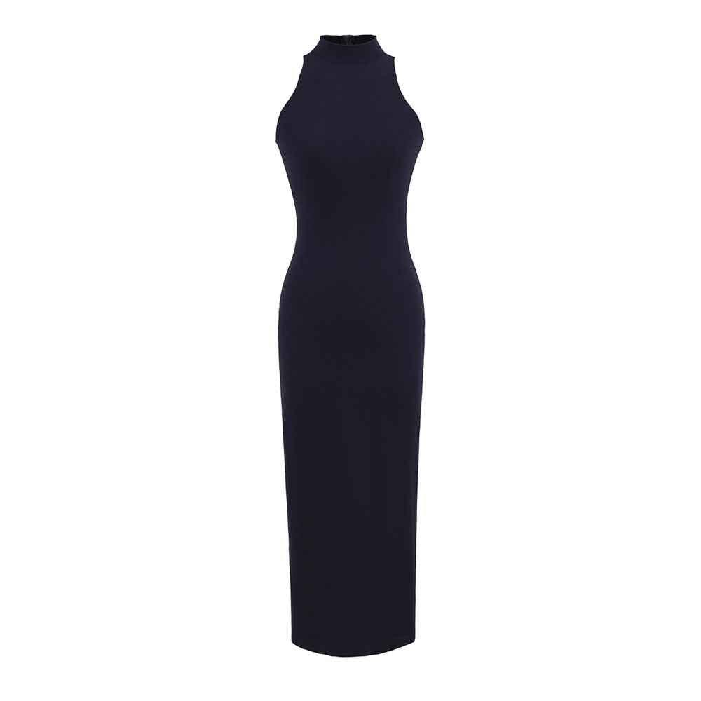 Women's Sleeveless Turtleneck Slit Dress - Casual Ribbed Knit Midi