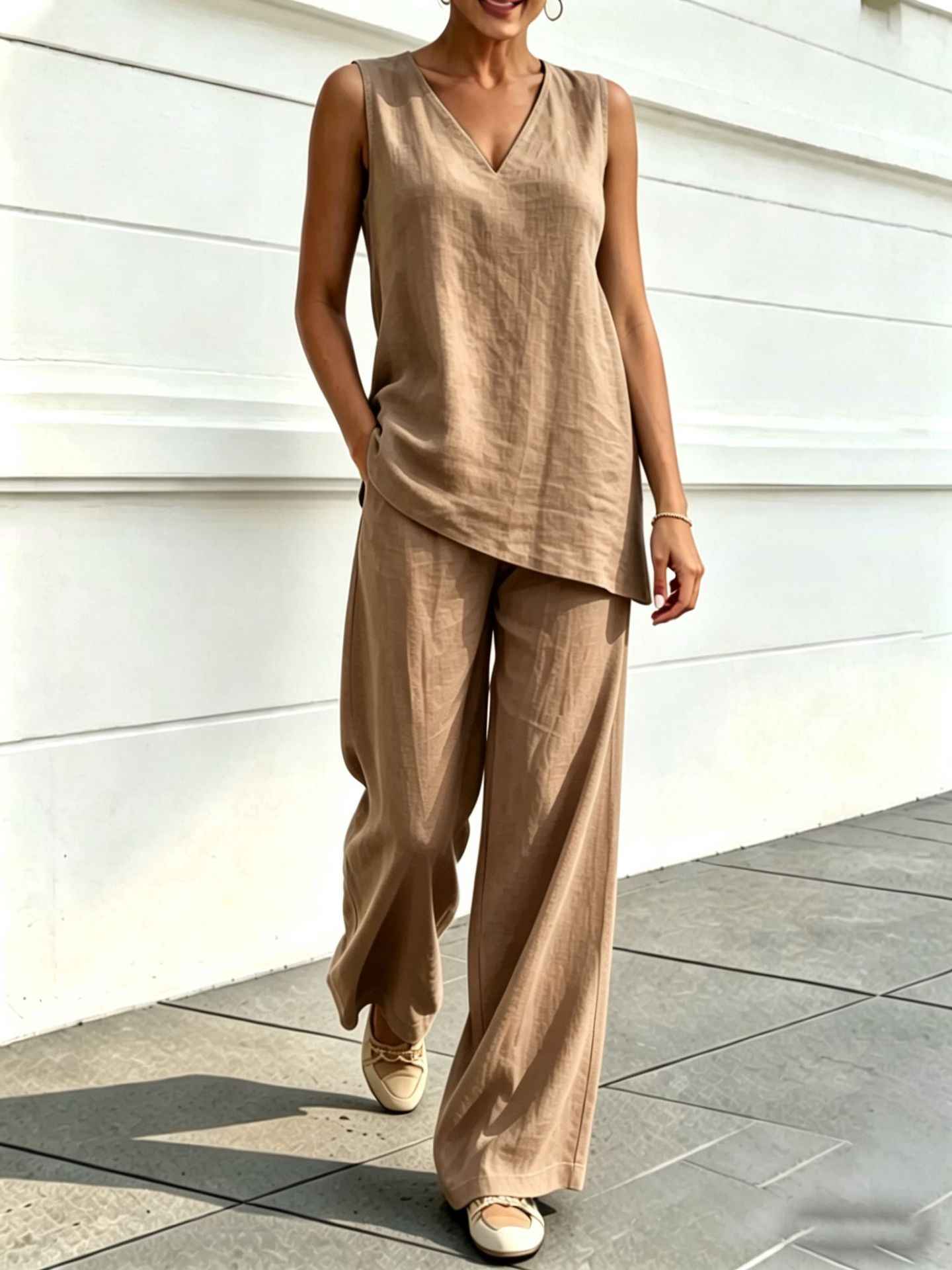 Womens V-neck Sleeveless Cotton-Linen Top And Wide-Leg Pants Set