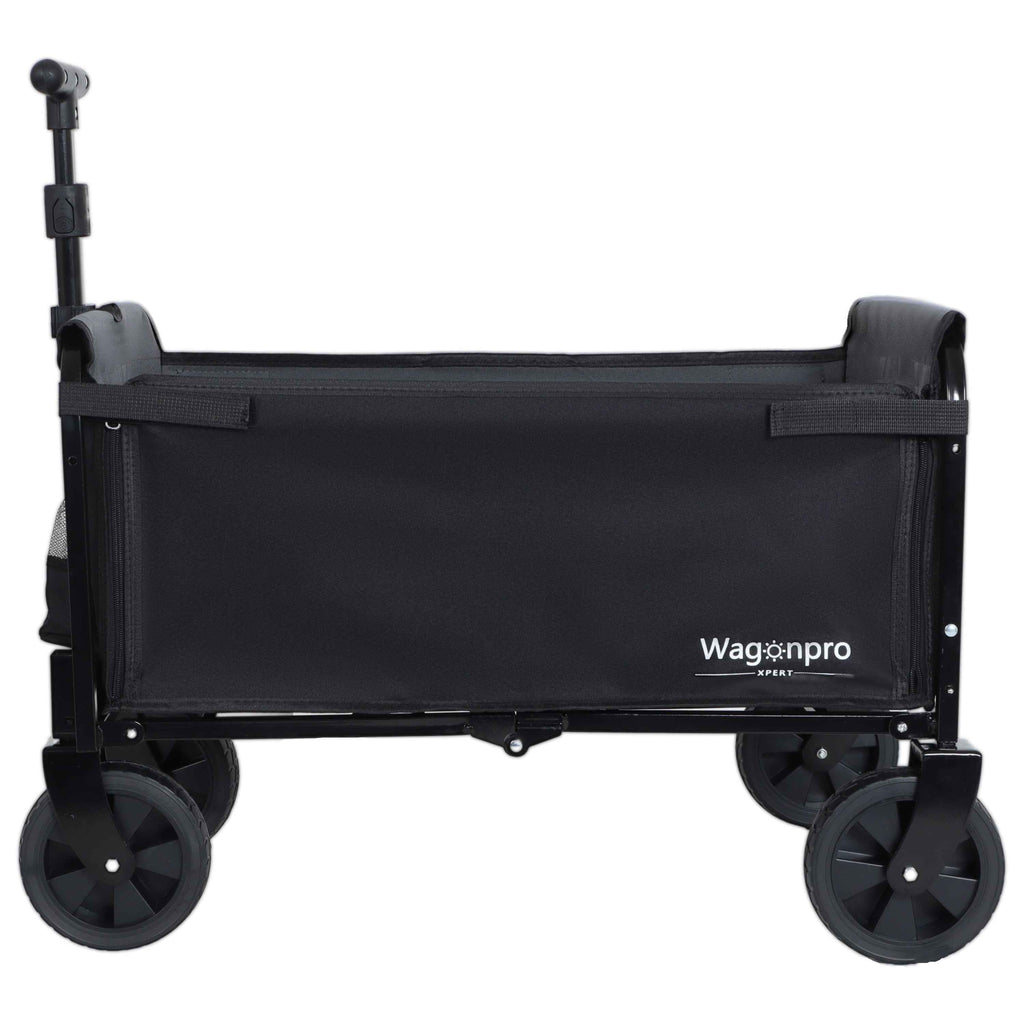 All-In-One Convertible Folding Camping Wagon Cart with Bench Seat, Storage Compartment & Dog Tether (Black/Gray)