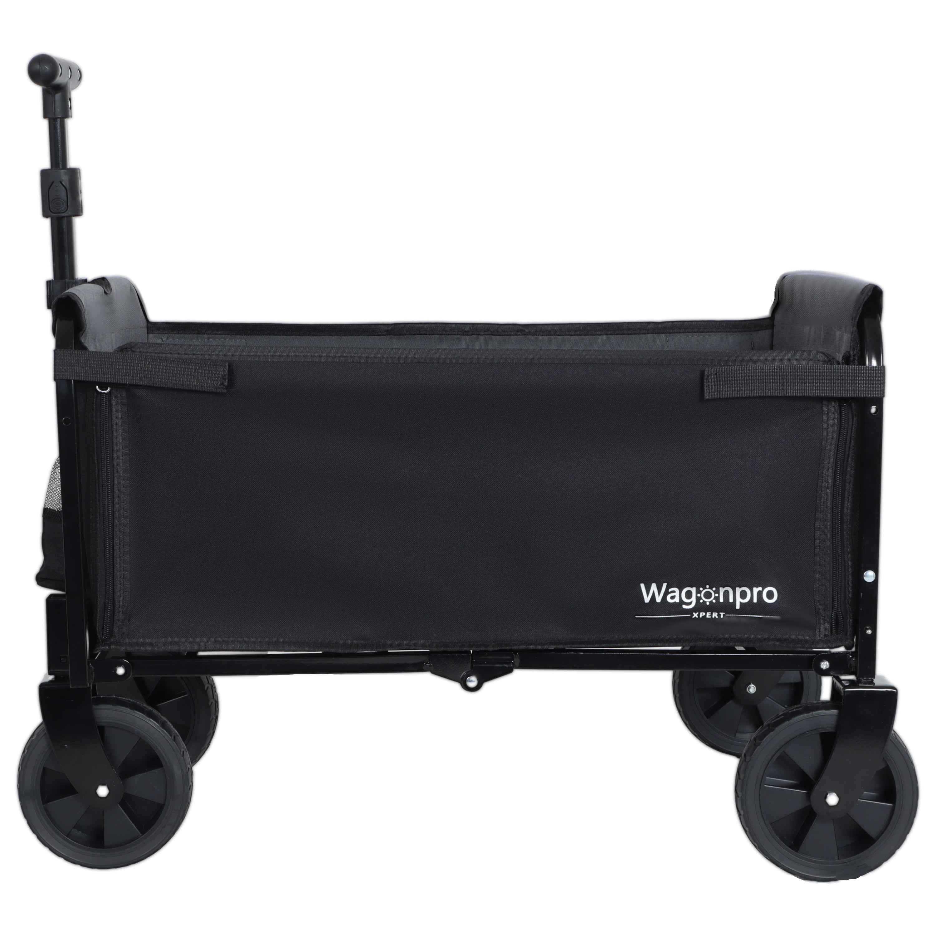 All-In-One Convertible Folding Camping Wagon Cart with Bench Seat, Storage Compartment & Dog Tether (Black/Gray)