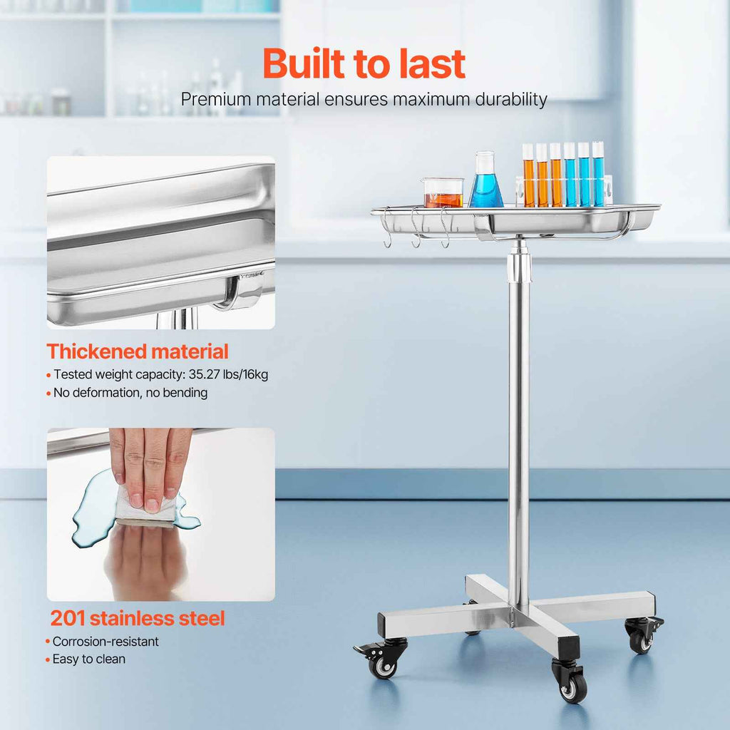 VEVOR Stainless Steel Mayo Stand, Height Adjustable 25.2”-39.8”, Mobile Rolling Medical Tray with Removable Top for Salons, Spas & Clinics, 35 Lbs Capacity