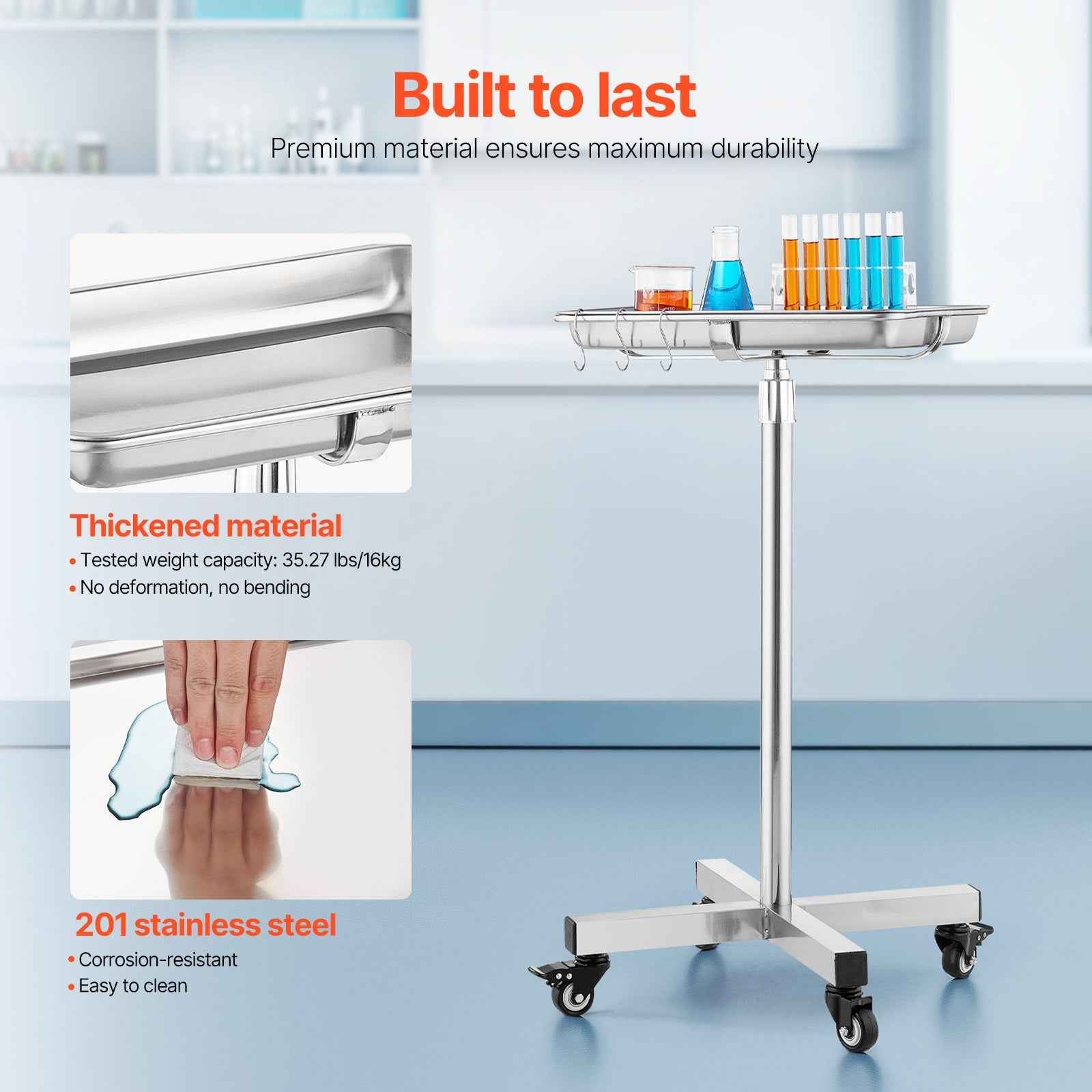 VEVOR Stainless Steel Mayo Stand, Height Adjustable 25.2”-39.8”, Mobile Rolling Medical Tray with Removable Top for Salons, Spas & Clinics, 35 Lbs Capacity