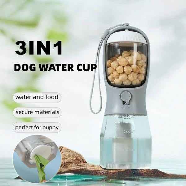 Portable Dog Water Bottle and Food Dispenser with Built-in Waste Bag Holder 3-in-1 – Leak-Proof, Travel Multi-Functional Pet Utility Cup for Walking, Hiking, and Outdoor Use