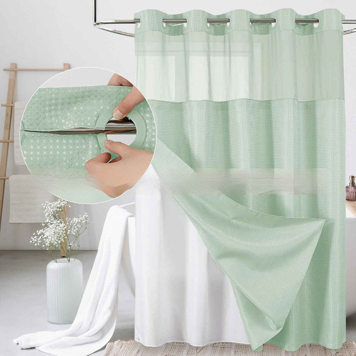 Solid Waffle Weave Shower Curtain - Heavyweight Double Layer Fabric