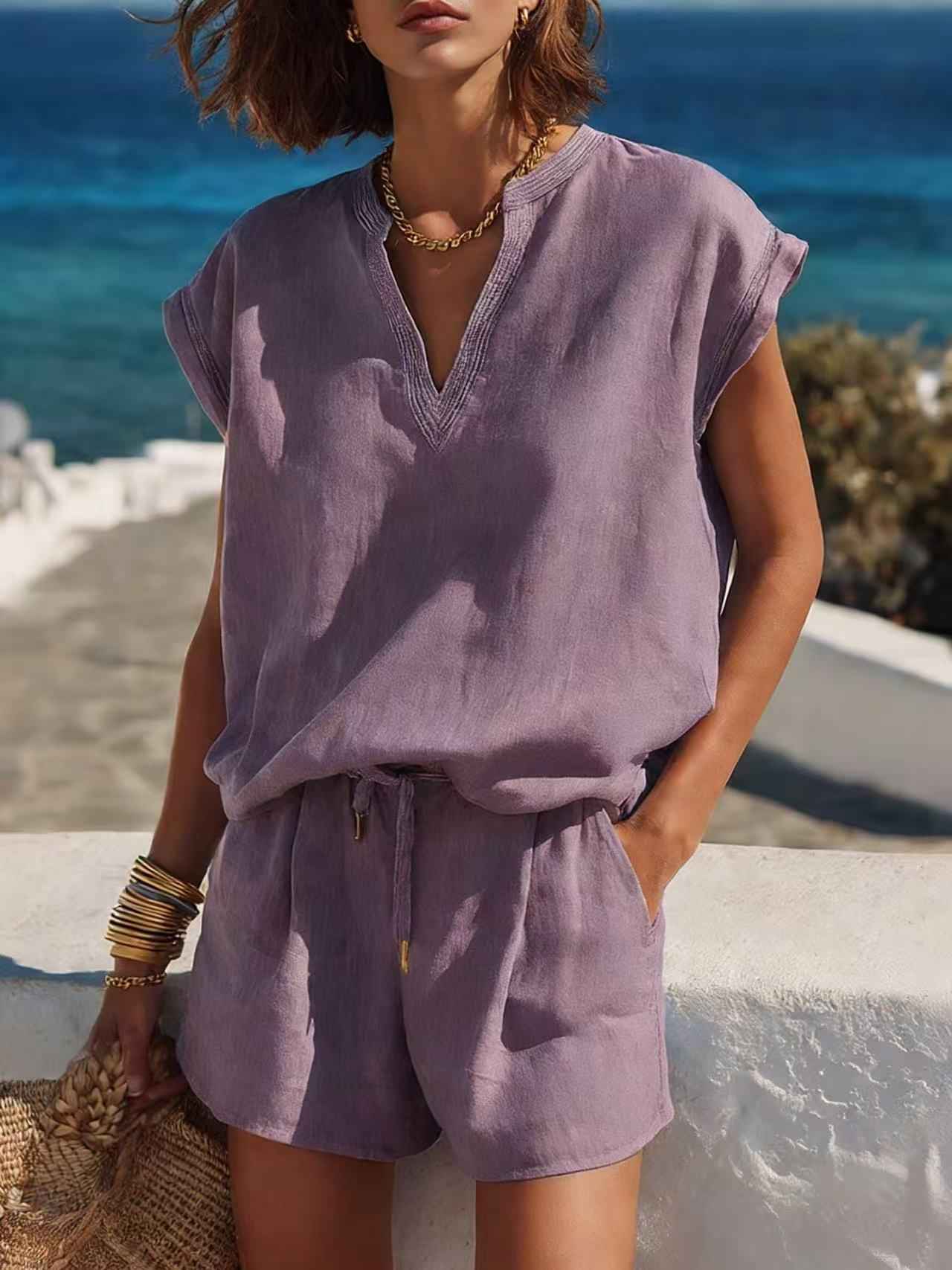 Women's Casual Resort-style Top And Shorts Set