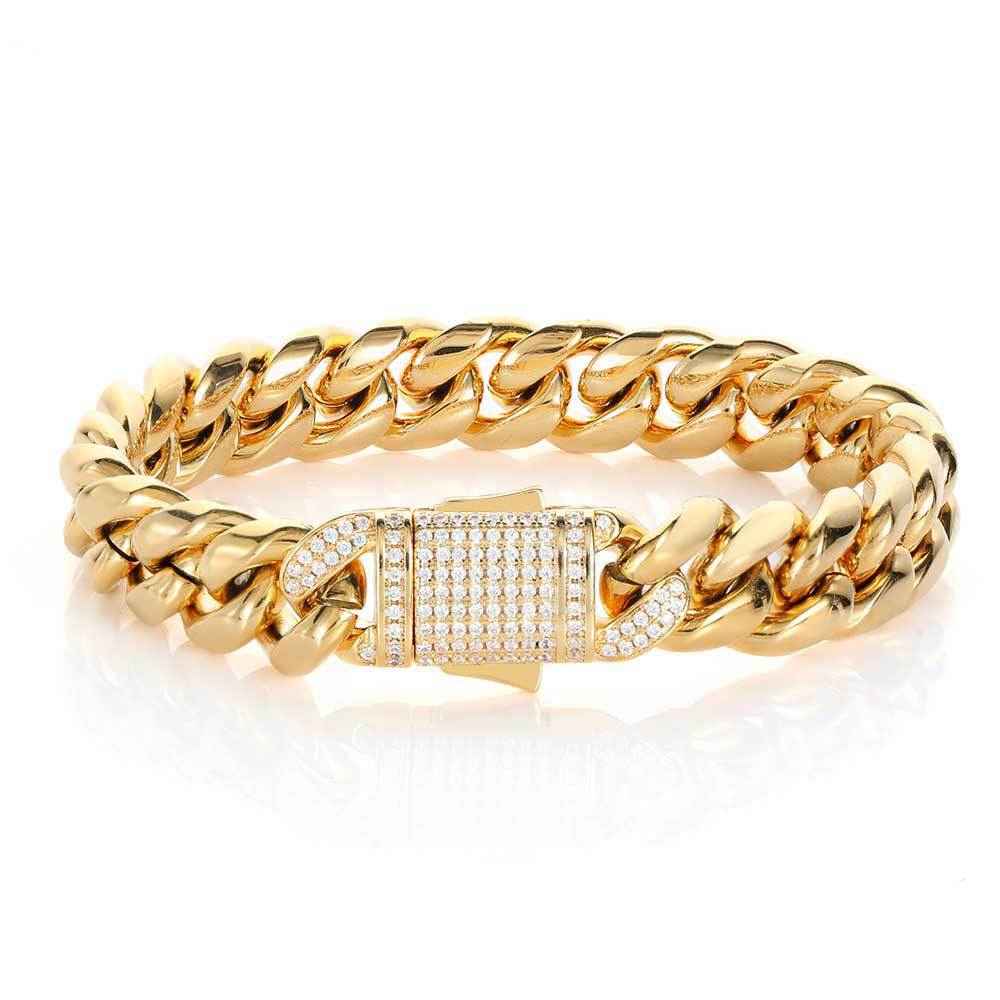Men's 18K Gold Titanium Steel Bracelet | CZ Diamond Clasp Luxury Cuff