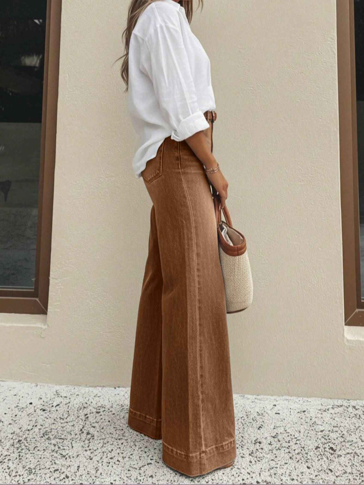 Vintage Brown High Waist Wide Leg Jeans | Washed Loose Floor-Length Denim Trousers