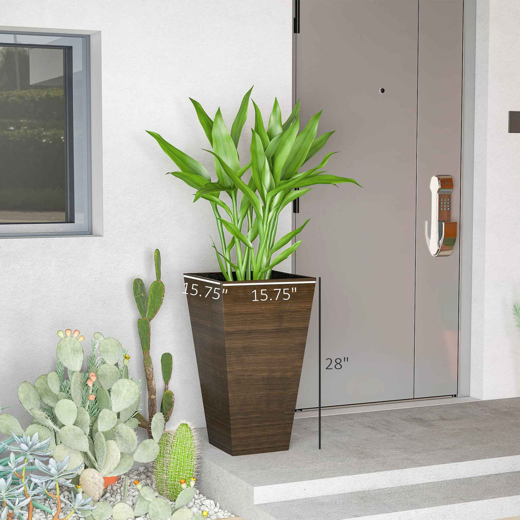 Set Of 3 Tall Planters, 28" Outdoor Planter W/ Drainage Holes, Faux Wood Plastic Flower Pots, Brown