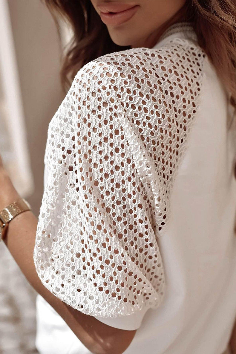 Women's Solid Color Casual Style Lace Stitching Loose Short Sleeve - Shop NCLC