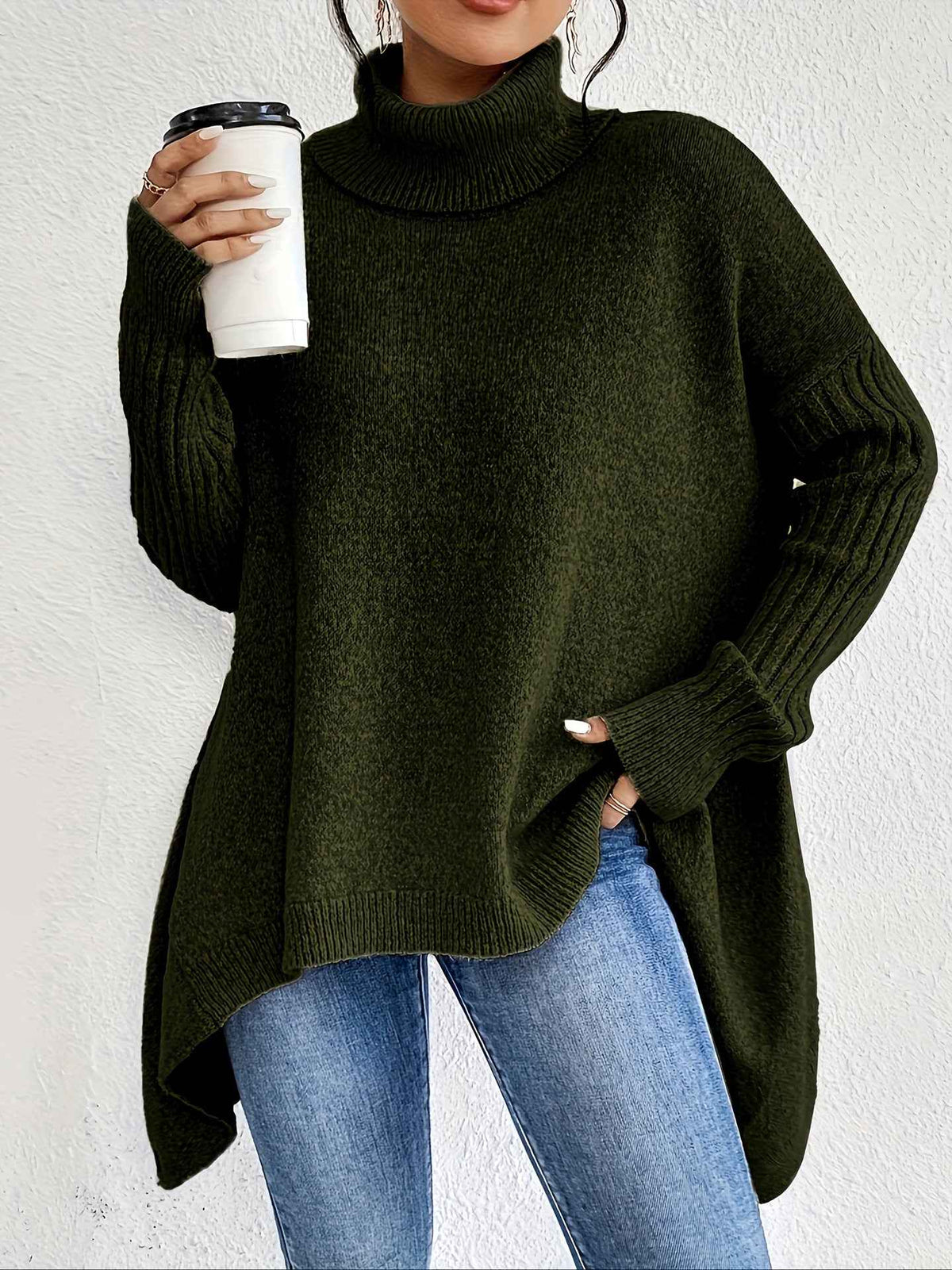 Women's Asymmetrical Turtleneck Loose Knit Pullover – Cozy Long Sleeve Winter Sweater Top