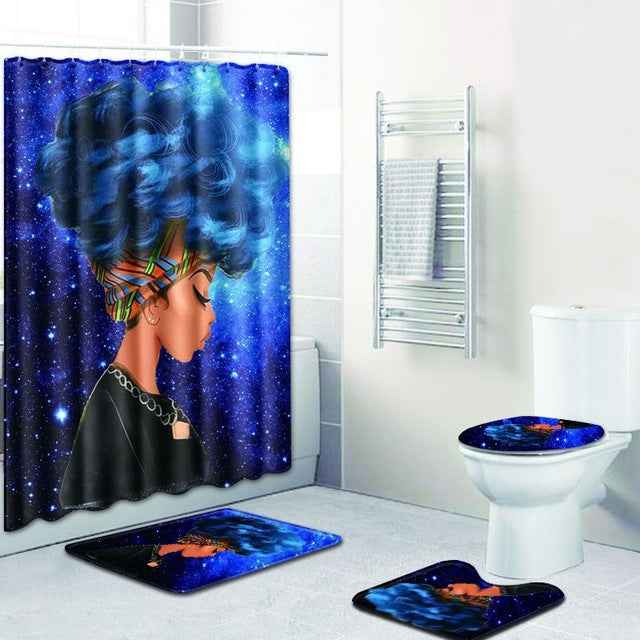 African American Girl 4-Piece Shower Curtain Set with Non-Slip Bath Mat, Toilet Lid Cover & U-Shape Rug – Waterproof Fabric Bathroom Decor