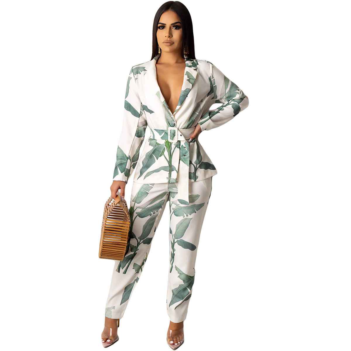 Women's Tropical Palm Print Suit | Long Sleeve Jacket & Trouser Set