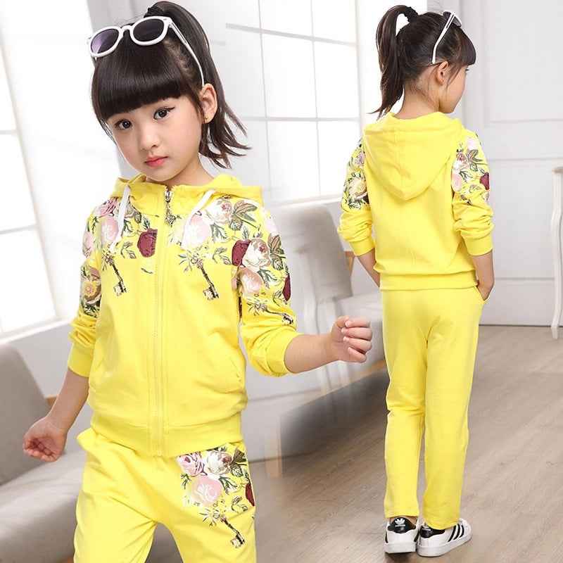Girls Floral Hooded Sweatsuit | Matching 2-Piece Zip-Up Jacket & Sweatpants Set