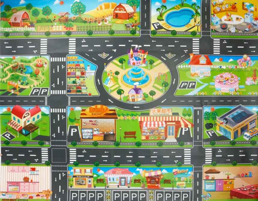 Kids City Road Parking Map Play Mat | Interactive Educational Crawling Mat & Toy Car Rug for Cognitive & Motor Skill Development