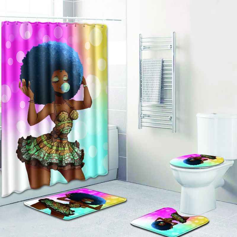 Creative African Culture 4-Piece Bathroom Set – Waterproof Shower Curtain, Non-Slip Bath Mat & Rugs