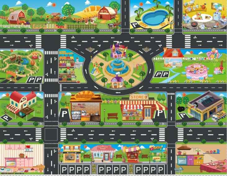 Kids City Road Parking Map Play Mat | Interactive Educational Crawling Mat & Toy Car Rug for Cognitive & Motor Skill Development