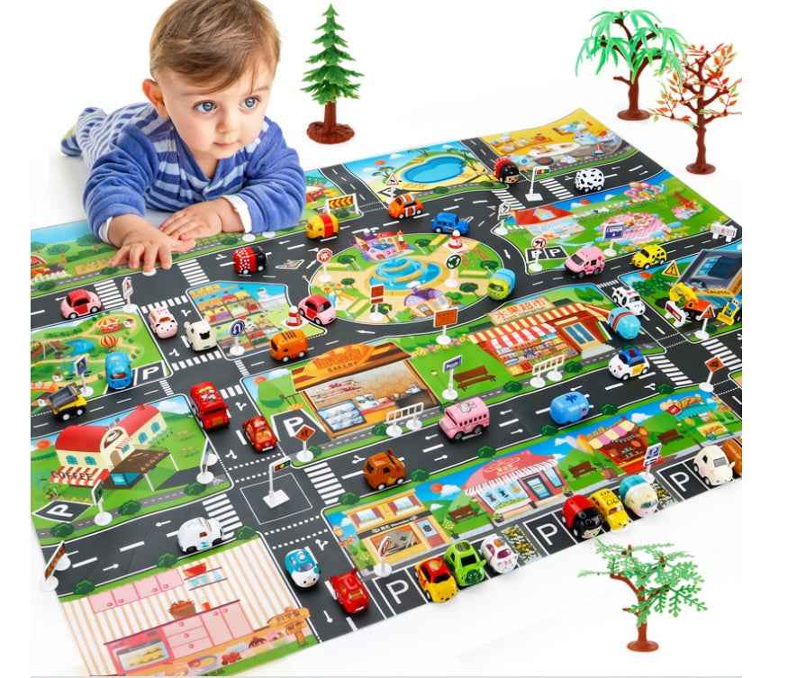 Kids City Road Parking Map Play Mat | Interactive Educational Crawling Mat & Toy Car Rug for Cognitive & Motor Skill Development