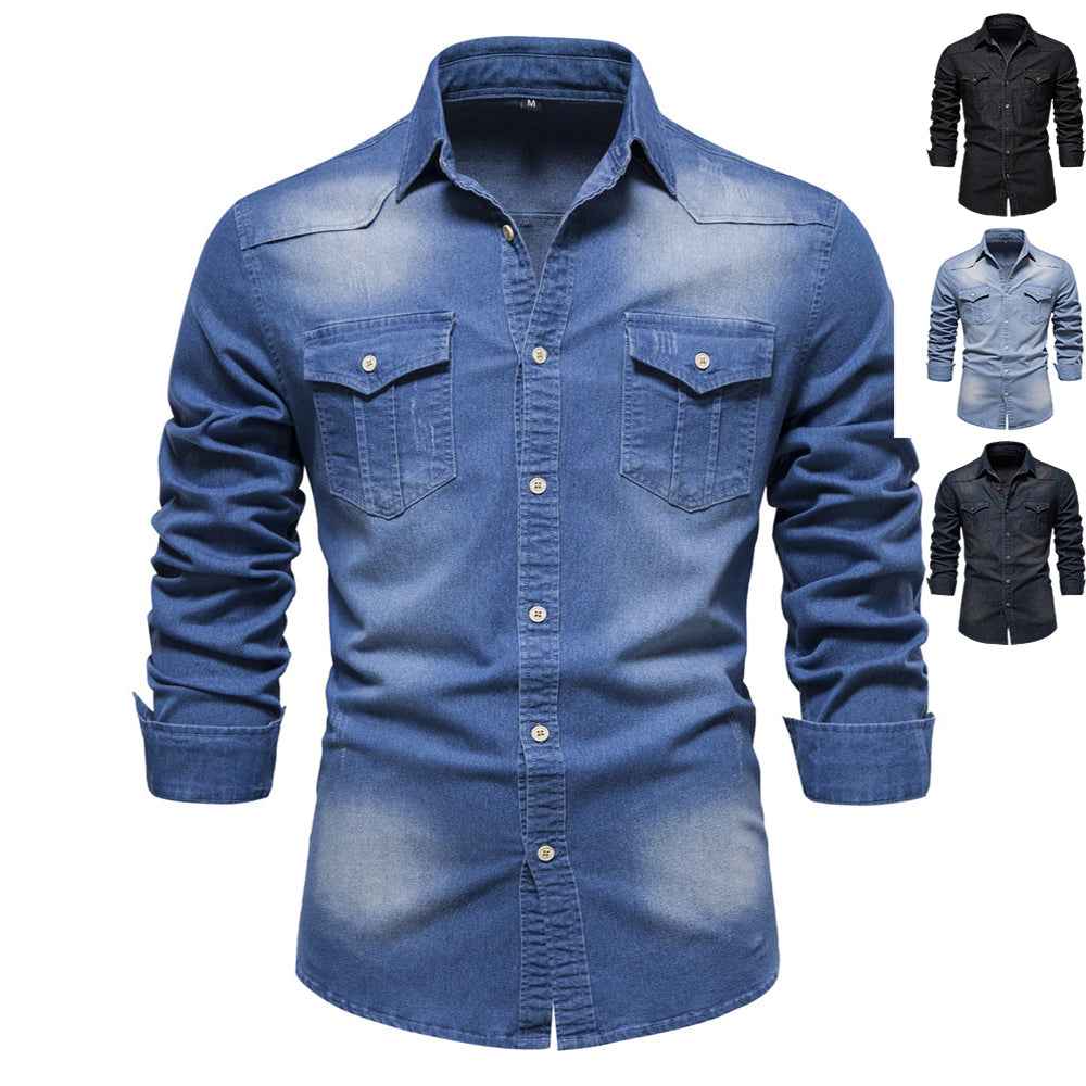 Men's Slim Fit Long Sleeve Denim Shirt | Solid Button-Down Casual Jean Top