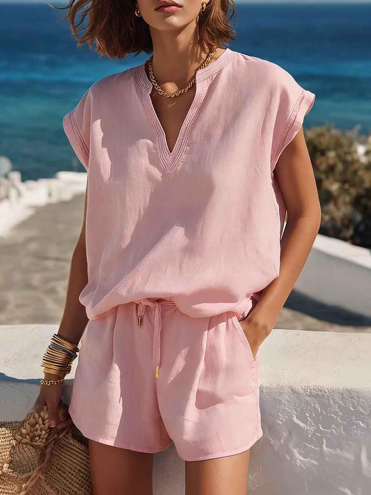 Women's Casual Resort-style Top And Shorts Set
