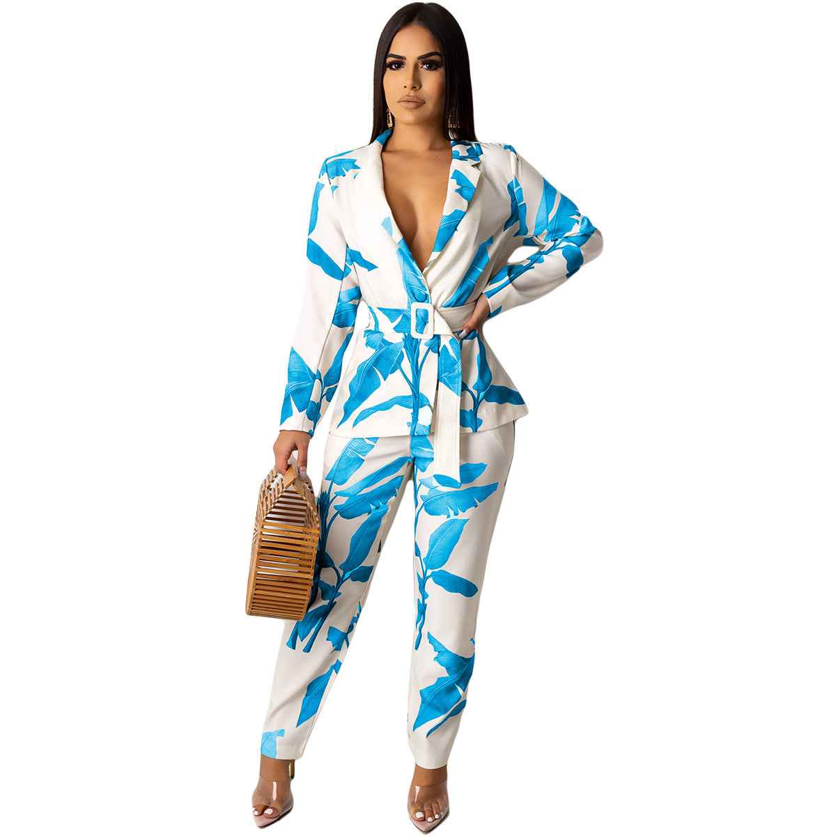 Women's Tropical Palm Print Suit | Long Sleeve Jacket & Trouser Set