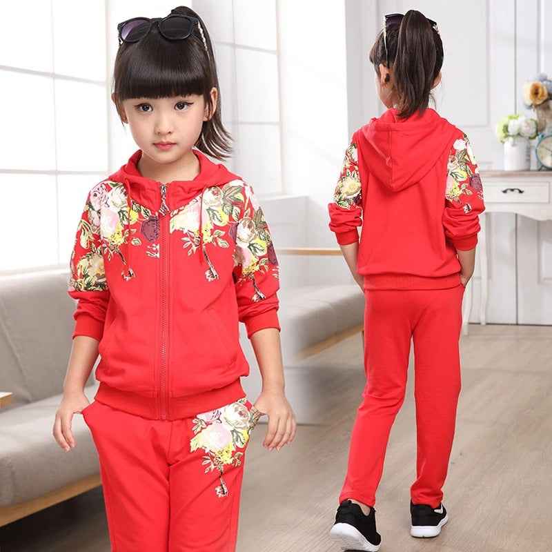 Girls Floral Hooded Sweatsuit | Matching 2-Piece Zip-Up Jacket & Sweatpants Set