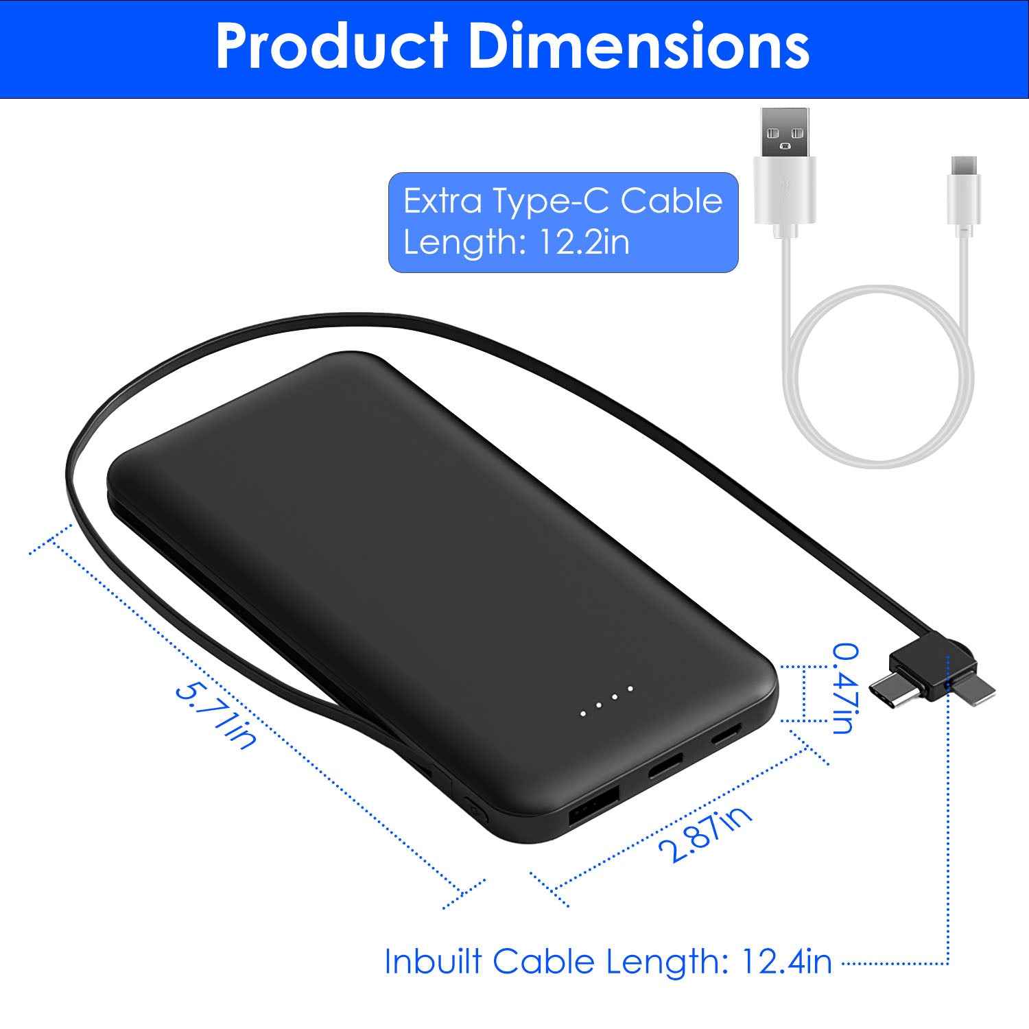 Portable 10000mAh Power Bank with Built-In Lightning & Type-C Cables – Fast Phone Charger