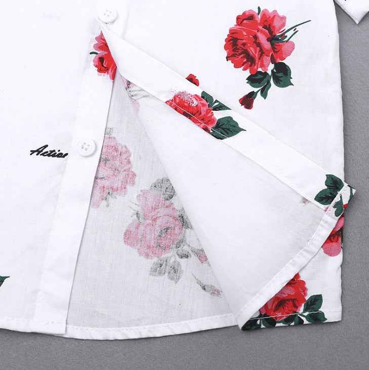 Toddler Boy 2-Piece Summer Outfit: Floral Polo Shirt & Red Shorts Set