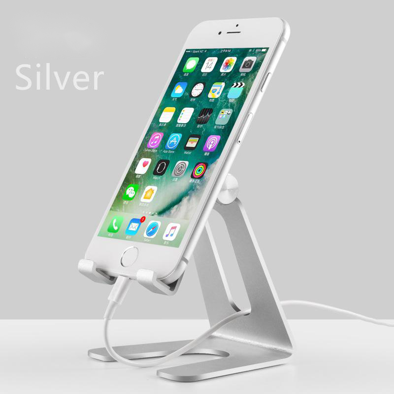 Adjustable Aluminum Cell Phone Stand, Silver – Foldable Desktop Phone Holder with Charging Port Cutout for Desk, Office, and Bedside