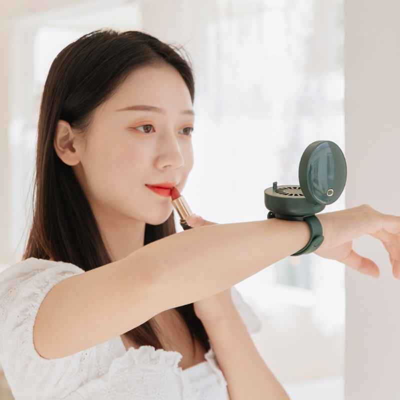Portable Wrist Fan Mirror Leafless USB Rechargeable 3 Speed Adjustable Air Cooler Handheld for Travel Home Office Use