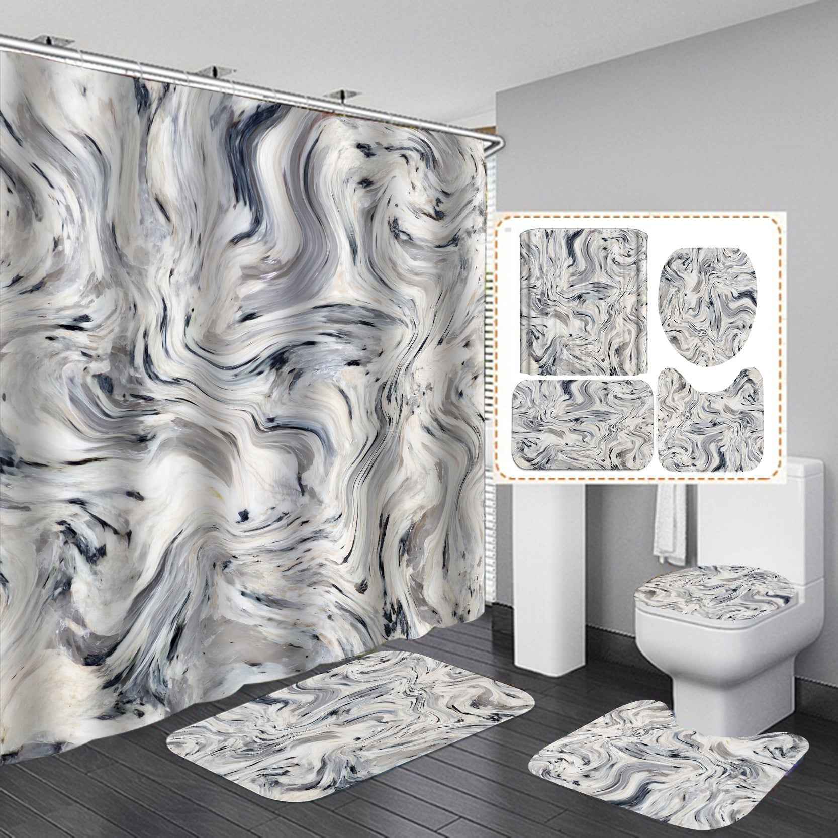 Marble White Shower Curtain Set With Non Slip Rug & Bath Mat | 4-Piece Modern Bathroom Decor