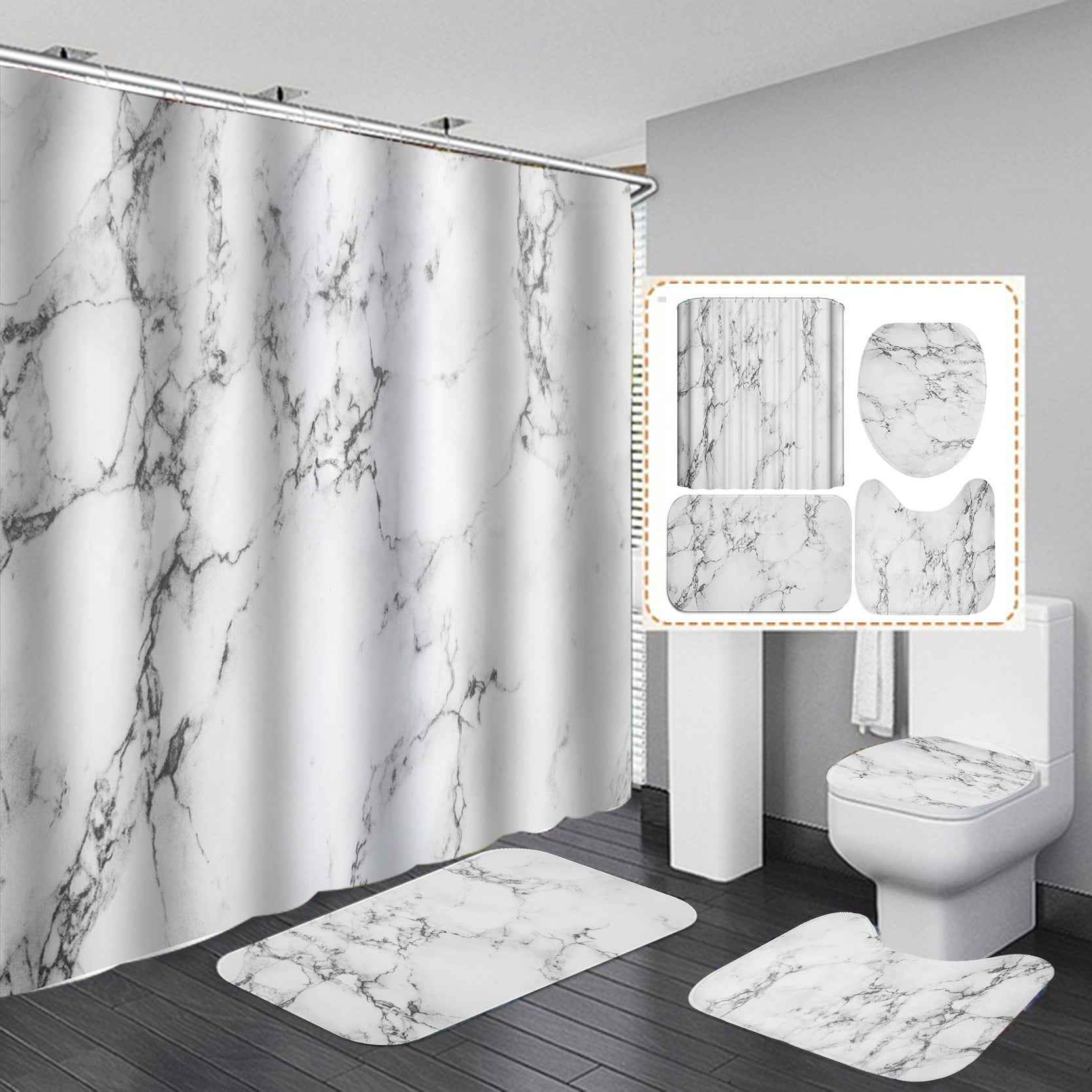 Marble White Shower Curtain Set With Non Slip Rug & Bath Mat | 4-Piece Modern Bathroom Decor