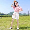 Girls Plaid Top & Khaki Shorts 2-Piece Summer Set