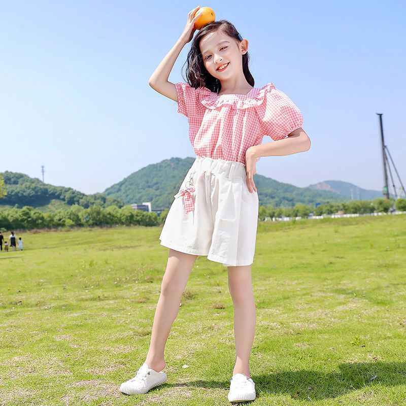 Girls Plaid Top & Khaki Shorts 2-Piece Summer Set