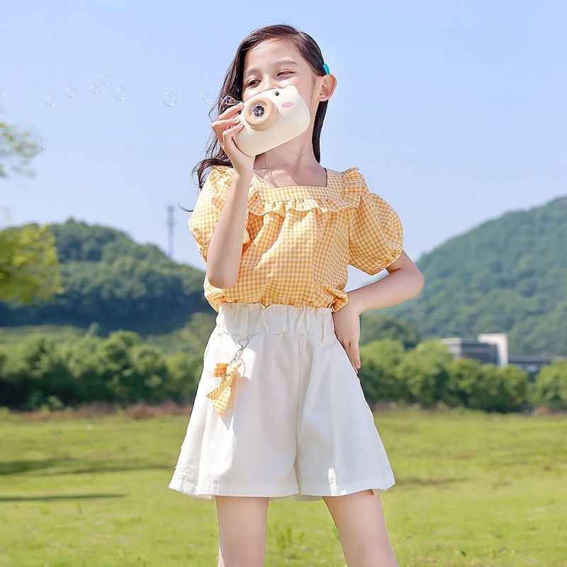 Girls Plaid Top & Khaki Shorts 2-Piece Summer Set