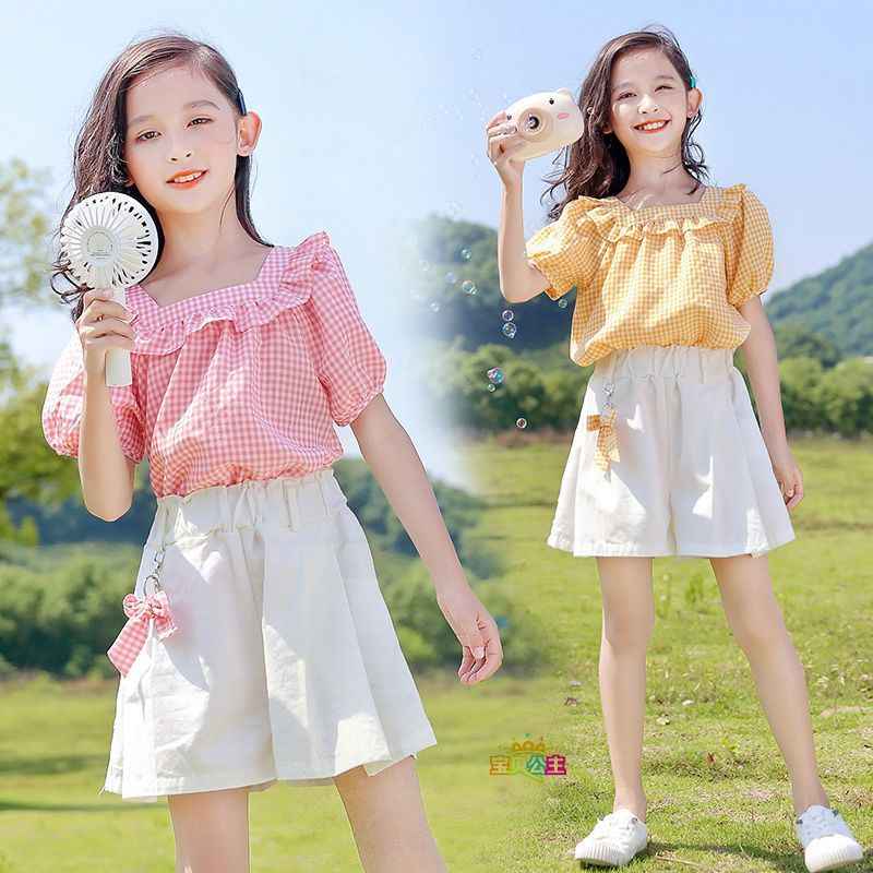 Girls Plaid Top & Khaki Shorts 2-Piece Summer Set