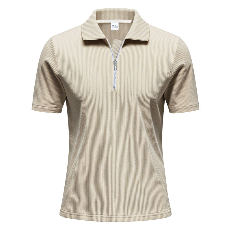 Mens Loose Corduroy Half-Zip Polo Short-Sleeve T-Shirt - Shop NCLC