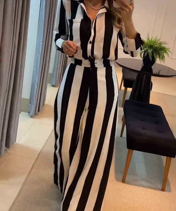 Women's Fashion Striped Pocket Design Shirt Wide Leg Pants Suit