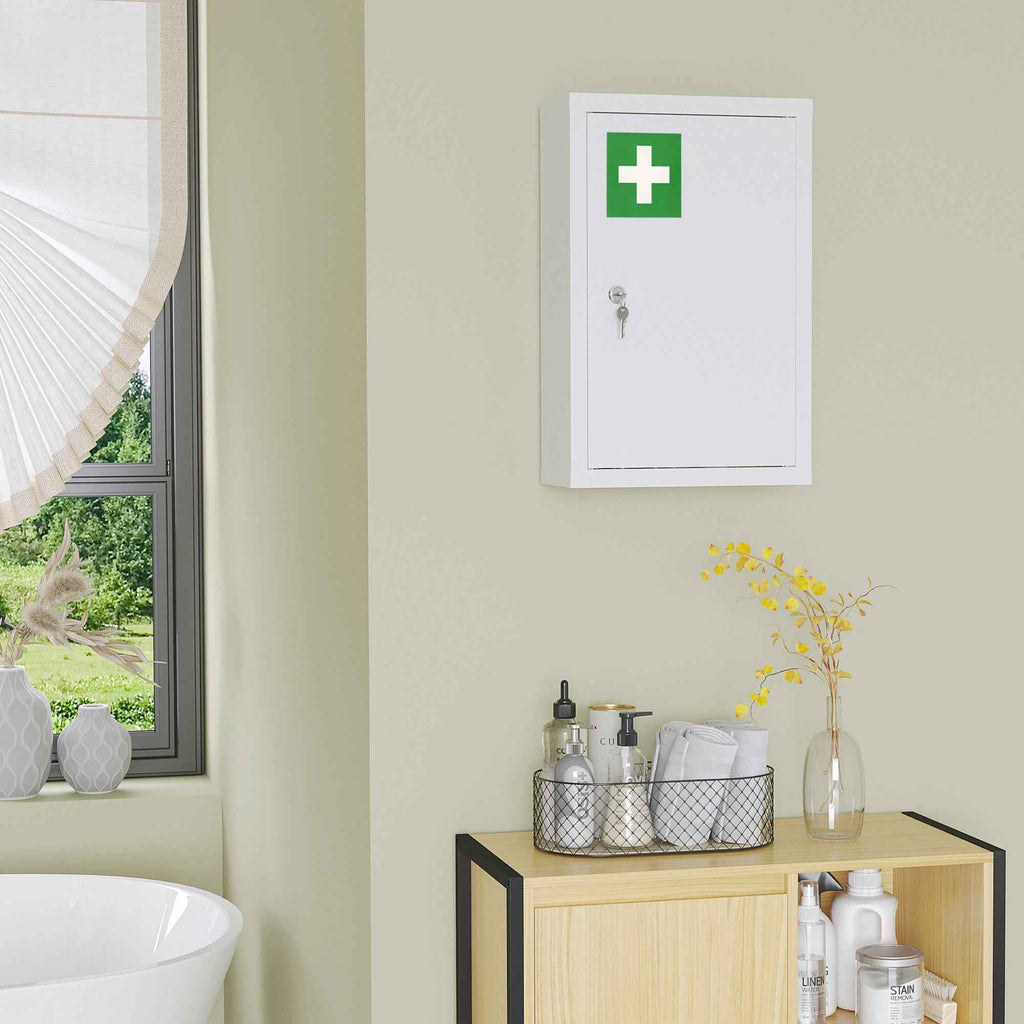 Lockable Medicine Cabinet 12" x 18" – 3-Tier Steel Medical Wall Box with 2 Keys & Shelves, White