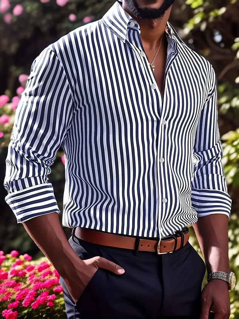 Men's Casual Stripe Printed Long Sleeve Shirt – Fashion Lapel Button-Down Top