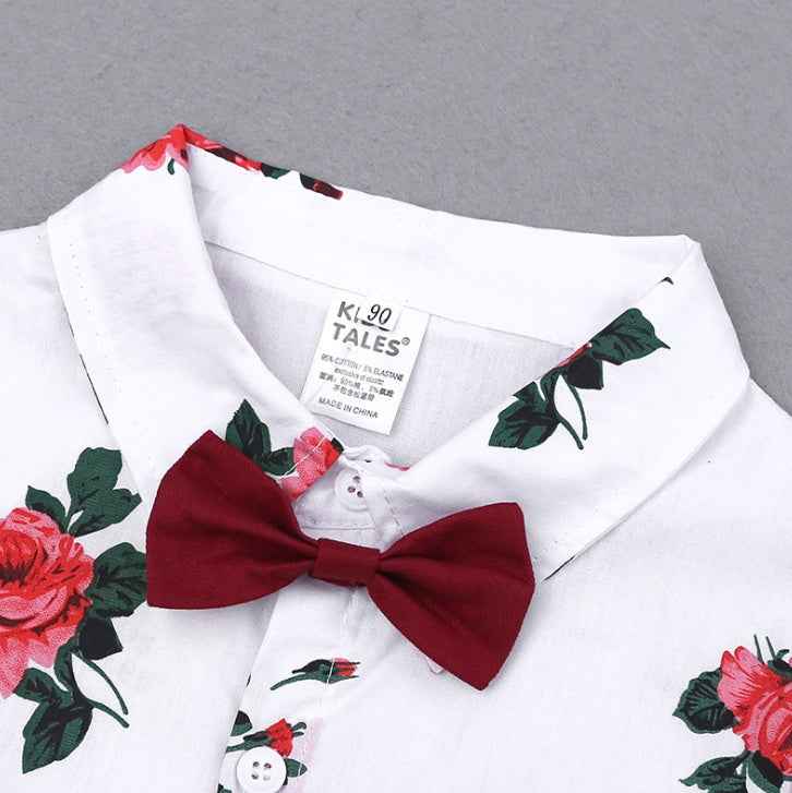 Toddler Boy 2-Piece Summer Outfit: Floral Polo Shirt & Red Shorts Set