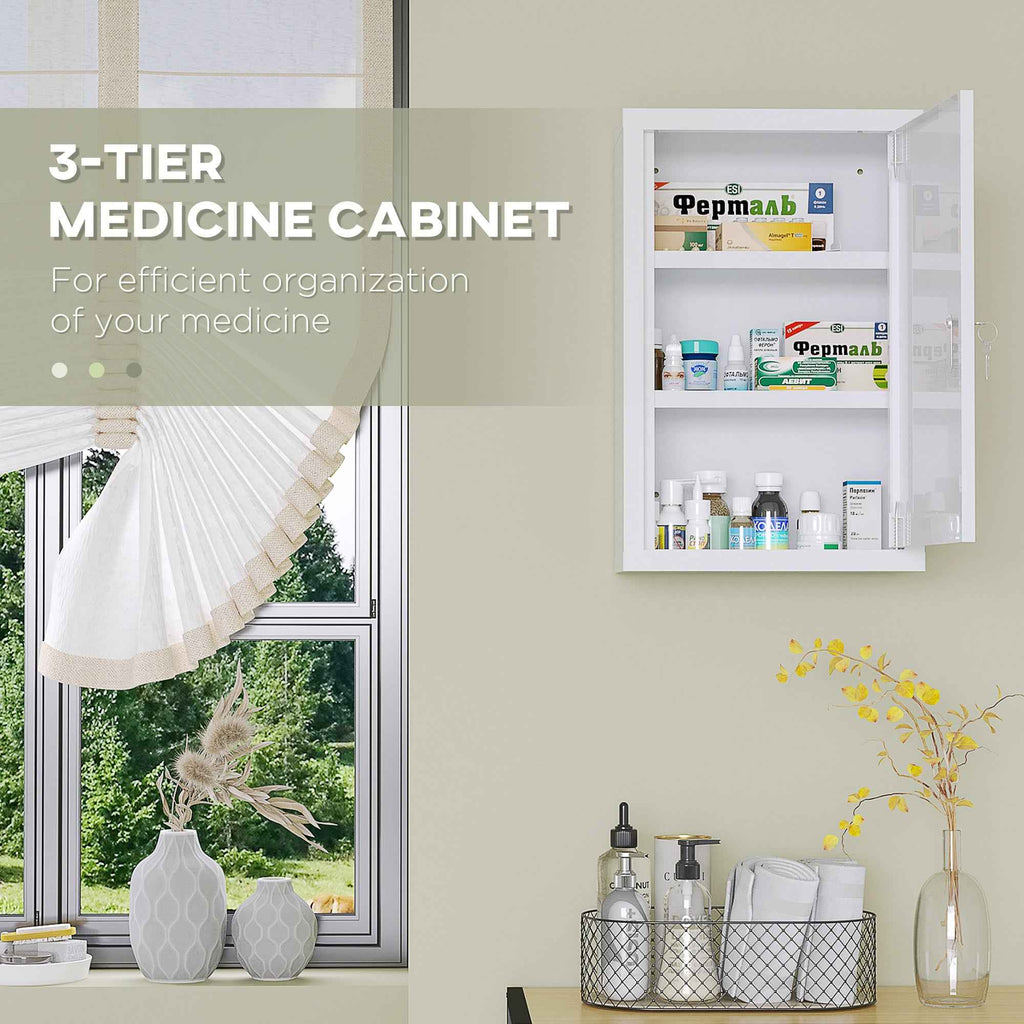 Lockable Medicine Cabinet 12" x 18" – 3-Tier Steel Medical Wall Box with 2 Keys & Shelves, White