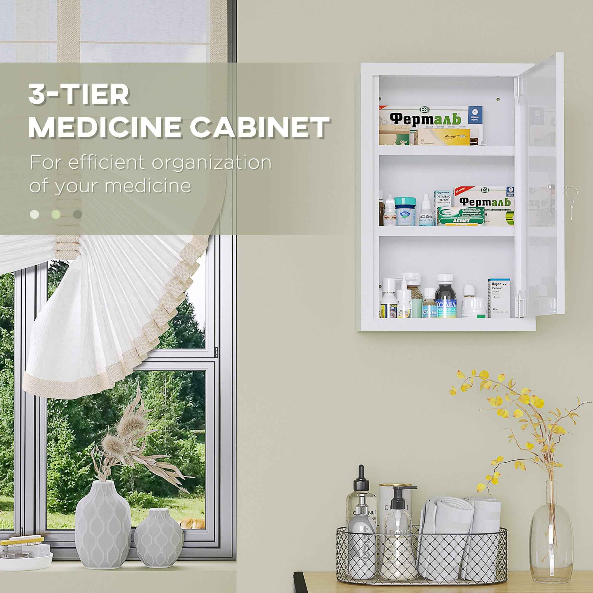 Lockable Medicine Cabinet 12" x 18" – 3-Tier Steel Medical Wall Box with 2 Keys & Shelves, White