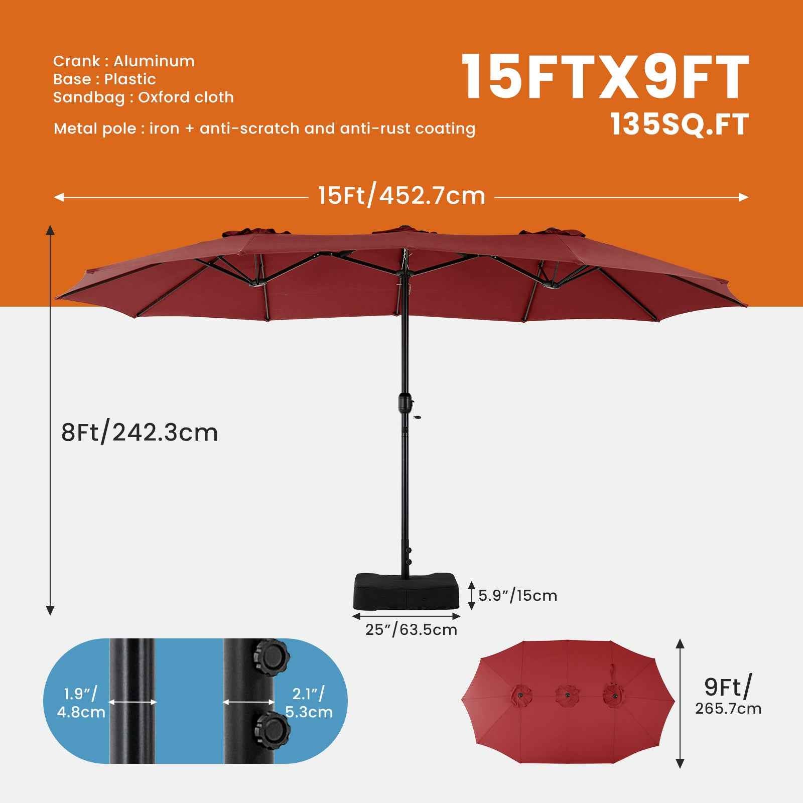 15ft Large Patio Umbrella with Base Included – Double-Sided Rectangle Market Table Umbrella for Backyard, Deck & Poolside