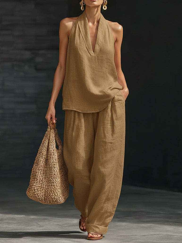 Women's Solid Halter V-Neck Sleeveless Top & Wide Leg Pants Two-Piece Set