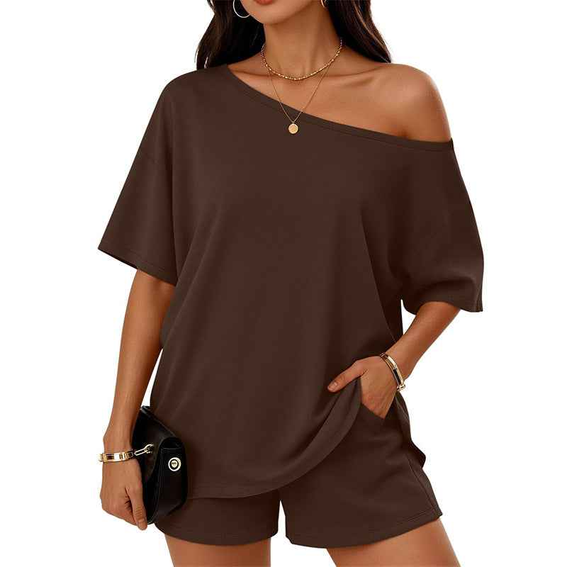 Womens 2-piece Fashionable Casual Set Off The Shoulder Top And Shorts  For Loungewear Daily Wear Work Gym Outfit